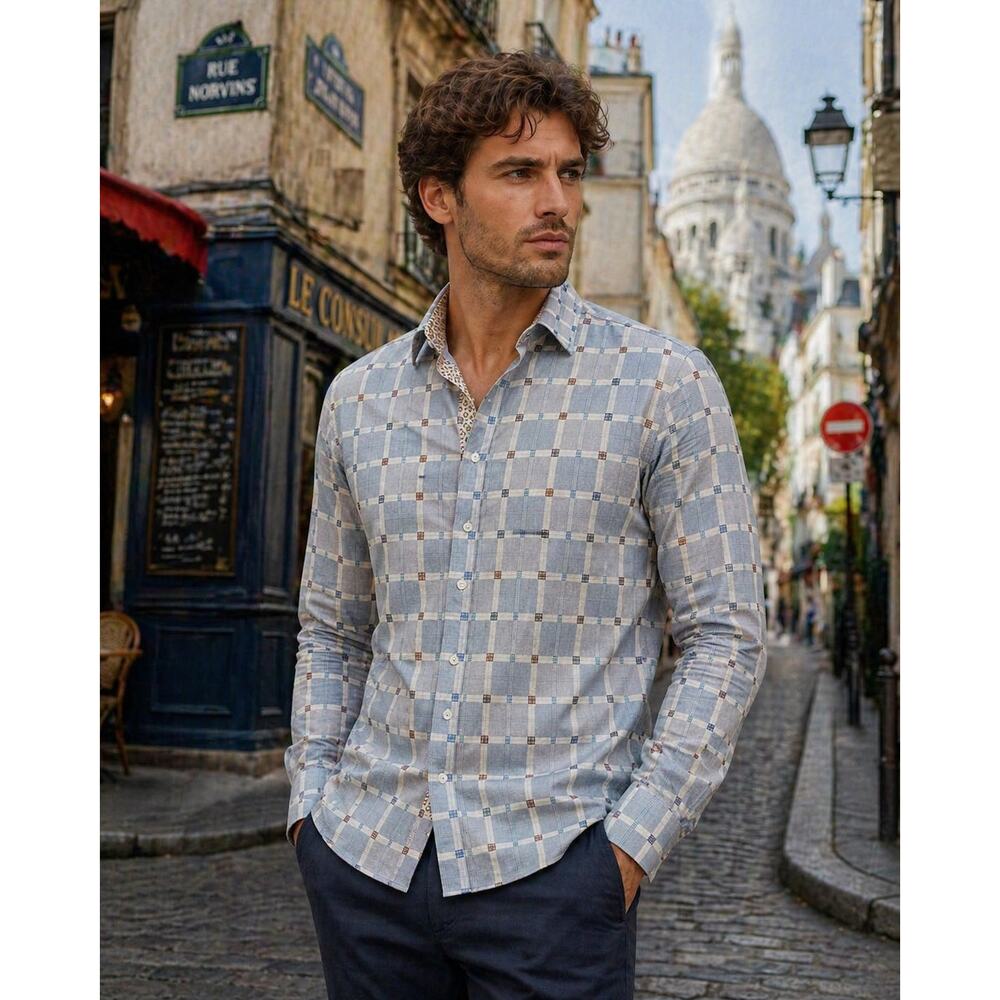 Riscatto Geometric Shirt M Euro Button Up Retro Luxe Pattern Long Sleeve